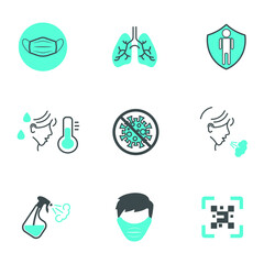 
Simple set of vector line icons related to coronavirus protection. Contains such Icons as protective measures, coronavirus symptoms, incubation period and more. Editable move.