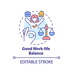 Good work-life balance concept icon. Positive working environment abstract idea thin line illustration. Managing stress. Isolated outline drawing. Editable stroke. Arial, Myriad Pro-Bold fonts used