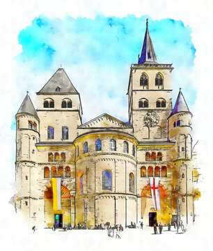 The High Cathedral of Saint Peter in Trier , or Trier Cathedral is a Roman Catholic cathedral in Trier, Rhineland-Palatinate, Germany, watercolor sketch illustration.