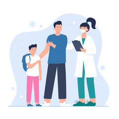 A doctor vaccinates a father with a son. Global vaccination concept against flu, viruses, infections, or diseases. Process of immunization against coronavirus, covid-19. Vector flat illustration.