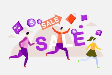 Sale promotion and special price discount advertising poster. Happy people shopper rushing for clearance