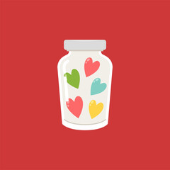 Jar with hearts. Mason jar with hearts inside. Congratulation on Valentine's Day. Vector illustration.