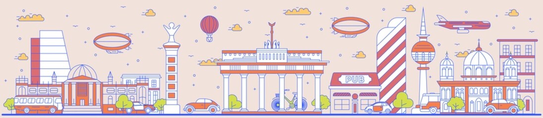 Berlin travel poster with downtown skyscraper silhouette. Place of destination with famous landmark to visit