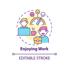 Enjoying work concept icon. Employee happiness importance abstract idea thin line illustration. Optimistic mood. Isolated outline drawing. Editable stroke. Arial, Myriad Pro-Bold fonts used