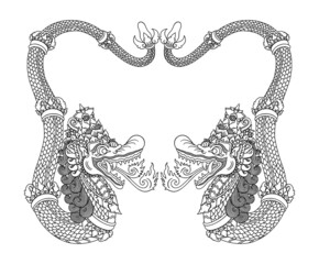 Balinese dragon with floral ornament decoration line art drawing
