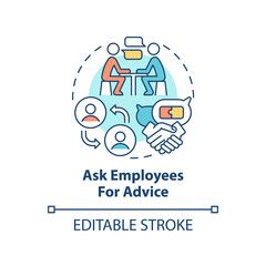 Ask employees for advice concept icon. Employee engagement abstract idea thin line illustration. Seeking assistance. Isolated outline drawing. Editable stroke. Arial, Myriad Pro-Bold fonts used