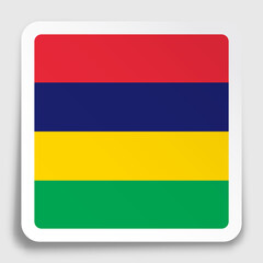 Mauritius flag icon on paper square sticker with shadow. Button for mobile application or web. Vector
