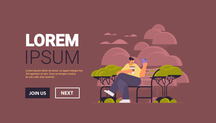 woman drinking coffee and using smartphone girl sitting at wooden bench in park social media communication relaxation