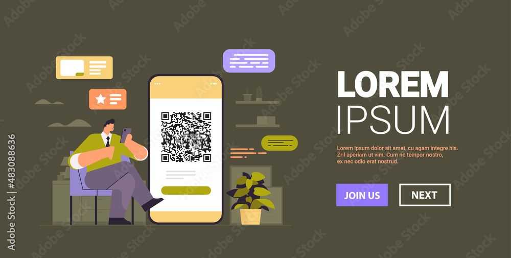 Poster businessman scanning qr code on smartphone screen readable barcode verification concept