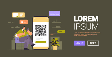 businessman scanning QR code on smartphone screen readable barcode verification concept