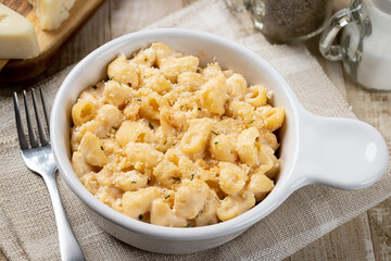 Macaroni and cheese in a white baking dish