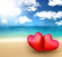 Fototapeta premium 3d red hearts couple on beach. Valentine's day postcard with space for text.