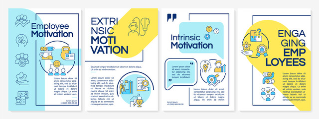 Fototapeta na wymiar Increasing employees motivation blue and yellow brochure template. Leaflet design with linear icons. 4 vector layouts for presentation, annual reports. Questrial, Lato-Regular fonts used