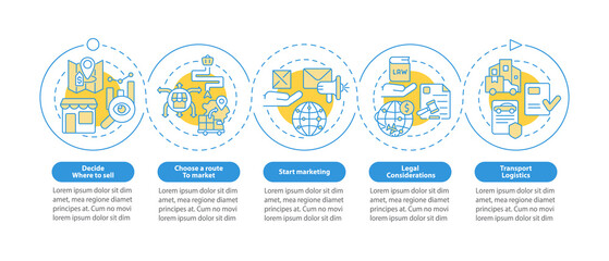 Export business tips blue circle infographic template. Data visualization with 5 steps. Process timeline info chart. Workflow layout with line icons. Myriad Pro-Bold, Regular fonts used
