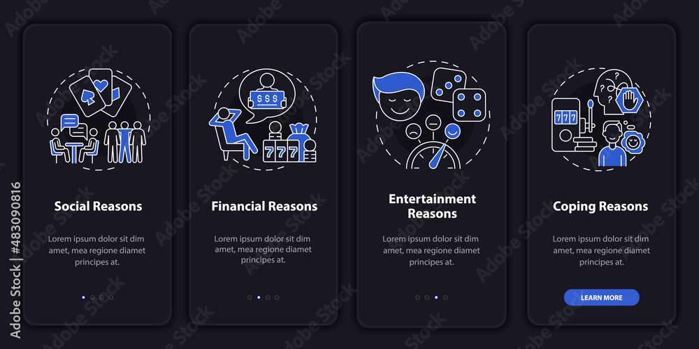 Poster reasons to gamble night mode onboarding mobile app screen. compulsive walkthrough 4 steps graphic in