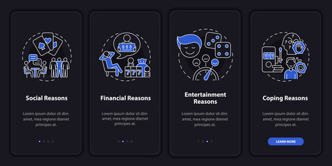 Reasons to gamble night mode onboarding mobile app screen. Compulsive walkthrough 4 steps graphic instructions pages with linear concepts. UI, UX, GUI template. Myriad Pro-Bold, Regular fonts used