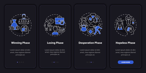 Gambling addiction steps night mode onboarding mobile app screen. Walkthrough 4 steps graphic instructions pages with linear concepts. UI, UX, GUI template. Myriad Pro-Bold, Regular fonts used