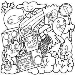 Cartoon cute monsters, monster party card design  illustration, hand drawn.coloring book.