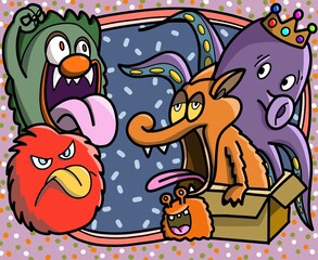 Cartoon cute monsters, monster party card design  illustration, hand drawn.