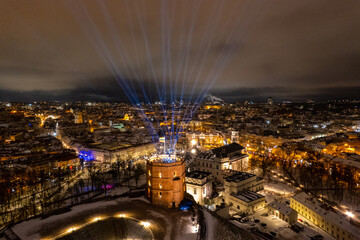 Aerial winter night view of snowy Vilnius old town, Lithuania
