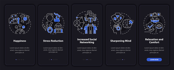 Gambling positive traits night mode onboarding mobile app screen. Hobby walkthrough 5 steps graphic instructions pages with linear concepts. UI, UX, GUI template. Myriad Pro-Bold, Regular fonts used
