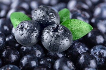 Demonstrating color of 2022 year very peri. Beautiful blueberries background with green leaf.