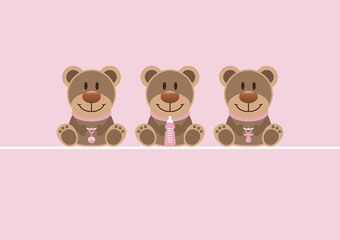 Karte 3 Teddys Babysymbole Mädchen Rosa Hell