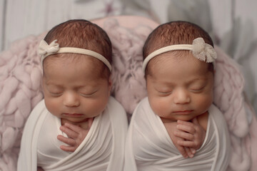 Sleeping twin babies wrapped in cloth lying on violet fabric