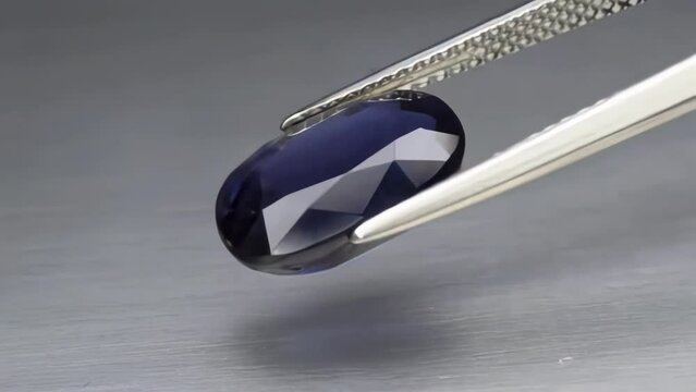 natural blue iolite gem stone on the turning table. grey background