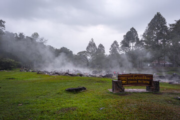 Obraz premium Chae Son Hot Springs with the misty morning is a famous place and destination at Lampang, Thailand.