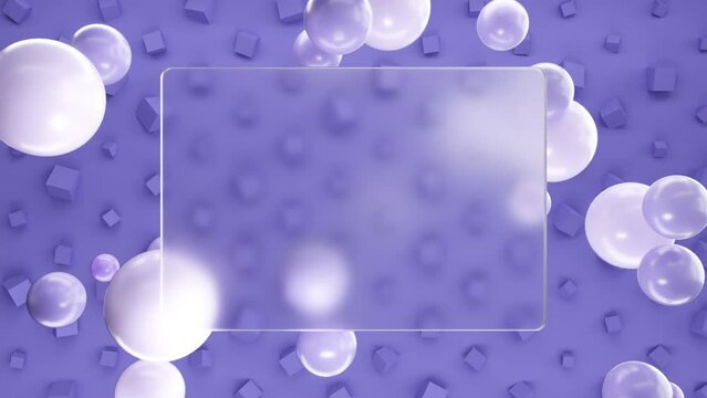 Frosted square glass for inscriptions or logos with purple round spheres on a background of purple 3D cubes on the wall. Abstract rendering of intro video. Seamless looping animation.