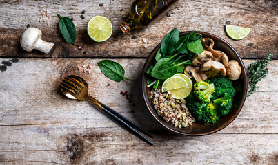 Gourmet salad mushrooms and broccoli and quinoa, Clean eating, dieting, vegan food concept. banner, catering menu recipe place for text,