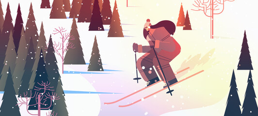 skier woman sliding down sportswoman skiing doing activities winter vacation concept sunset snowfall landscape