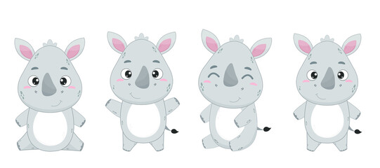 Cute little rhinoceros cubs. Set of cartoon rhinoceros on a white background. Elements for design or print. Vector