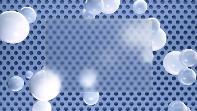 Frosted square glass for inscriptions or logos with blue round spheres on a background of blue 3D round grid on the wall. Abstract rendering of intro video. Seamless looping animation.