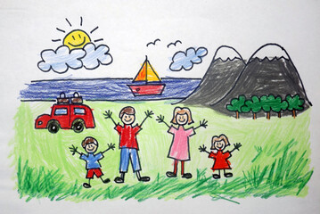 Kids drawing  of a happy family. Drawing made by a child. Children's illustration. Dad, mom, boy and girl. Car with mountains and sea with a boat. In the sky the clouds and a smiling sun.