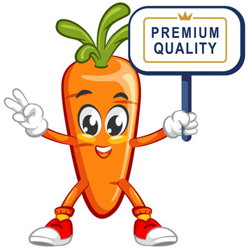 vector illustration of mascot character a cute carrot carrying a premium quality signboard