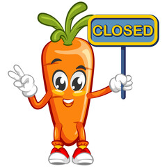 vector illustration of mascot character a cute carrot carrying a closed sign with a hand giving a peace sign