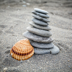 Fototapeta na wymiar Zen Muschel und Steinstapel in Balance im Sand am Strand