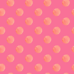 Watercolor seamless pattern with abstract spots on pink background in doodle.Textured, bright, print with shapes