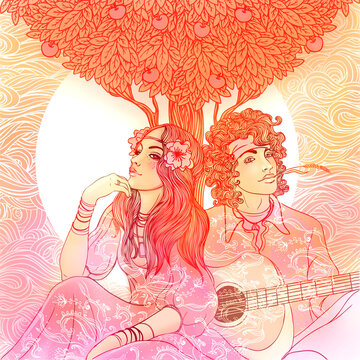 Couple of a hippy on a sunny afternoon, illustration