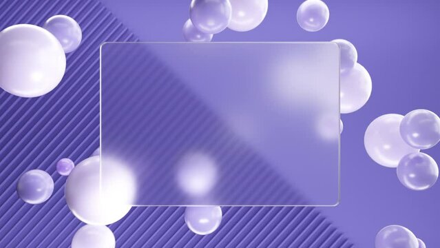 Frosted square glass for inscriptions or logos with purple round spheres on a background of purple 3D lines and half a blank wall. Abstract rendering of intro video. Seamless looping animation.