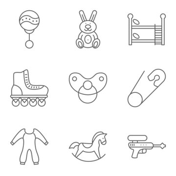 Baby thin line related icon set for web and mobile applications. Set includes - bunk bed, roller skate, pin, rocking horse, gun, rattle, rabbit, nipple, clothes. Logo, pictogram, icon, infographic