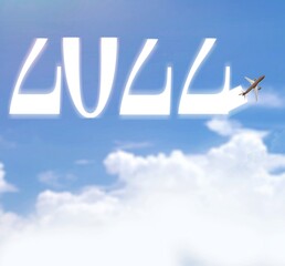 happy New year 2022 concept. cloud drawing by airplane in blue sky