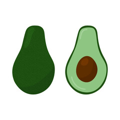 Set of fresh whole and half avocado isolated on white background. Organic food. Cartoon style. Vector illustration for design