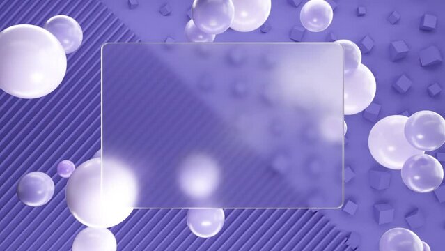 Frosted square glass for inscriptions or logos with purple round spheres on a background of purple 3D lines and cubes wall. Abstract rendering of intro video. Seamless looping animation.