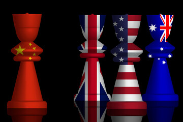 3D Illustration of Aukus, is a trilateral security pact between Australia, the United Kingdom and the United States in the Indo-Pacific painted on chess pieces. 3D rendering - obrazy, fototapety, plakaty