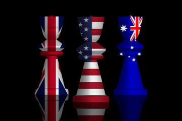 3D Illustration of the competition between Aukus, is a trilateral security pact between Australia, the United Kingdom and the United States against China painted on chess pieces. 3D rendering