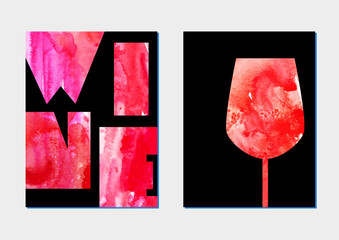 Watercolor abstract red wine stain splash glass and lettering on black background