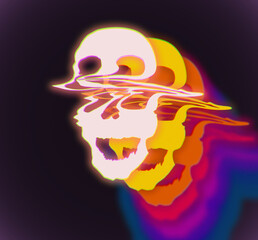 Glitched skull abstract concept colorful illustration in the 80s and 90s synthwave style design on dark background.